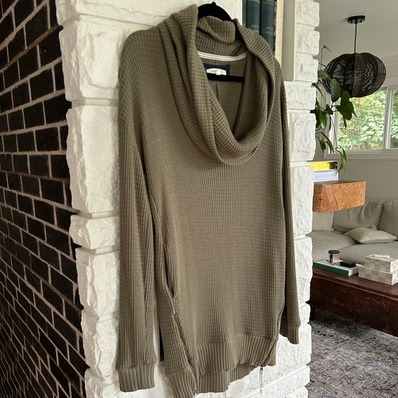 Anthropologie | Pure+Good Cowlneck Waffle Knit Olive Green Tunic Sweater - Picture 3 of 12